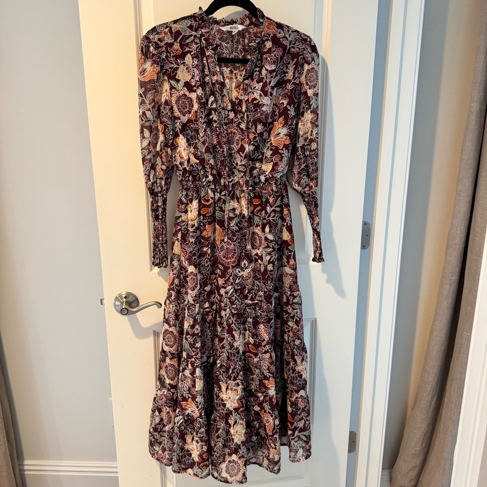 BB Dakota Long Sleeve fancy that floral maroon midi dress | XS - Picture 2 of 7